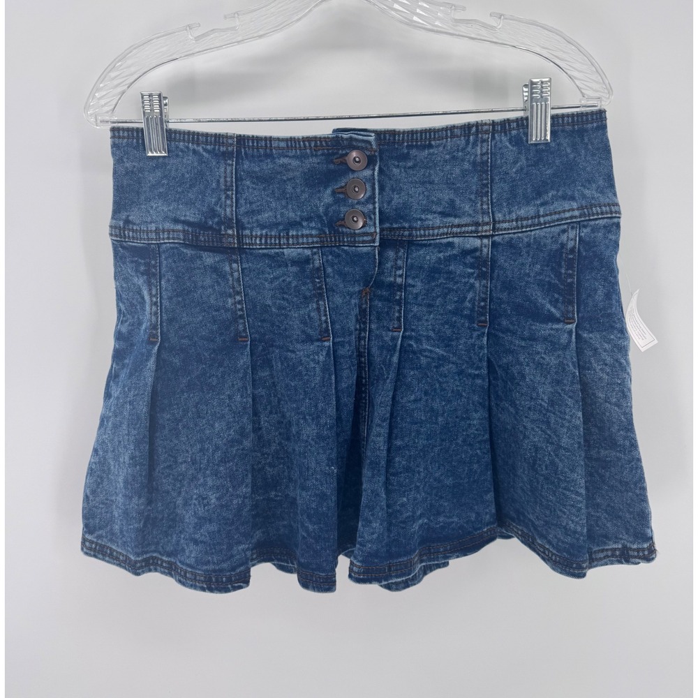 No Boundaries Denim Pleated Mini Skirt Juniors Size L Dark Wash Acid Mini Grunge